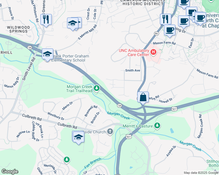 map of restaurants, bars, coffee shops, grocery stores, and more near 513 Pine Bluff Trail in Chapel Hill