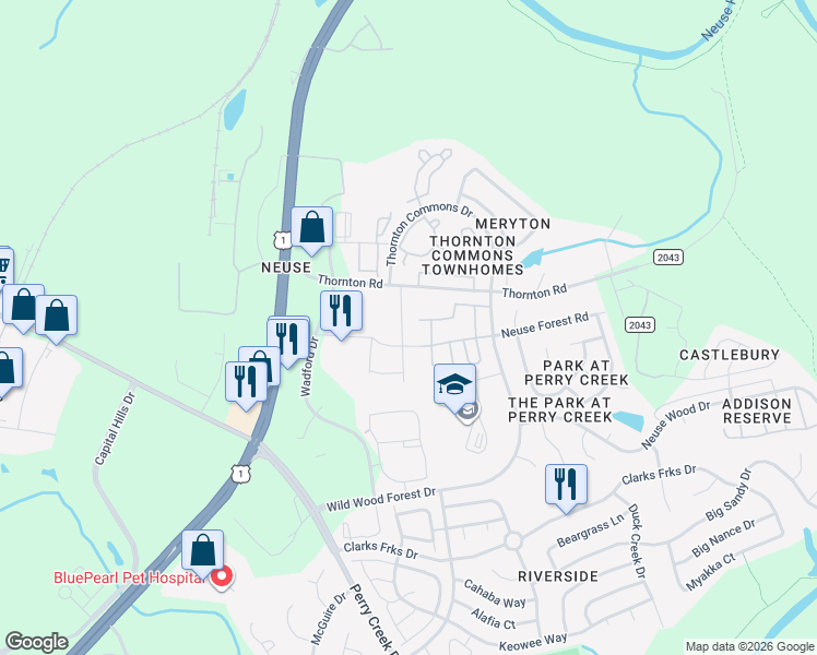map of restaurants, bars, coffee shops, grocery stores, and more near 8704 Red Canyon Way in Raleigh