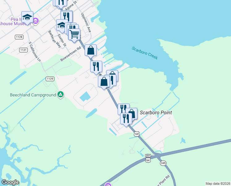map of restaurants, bars, coffee shops, grocery stores, and more near 64 Patty Lane in Manteo