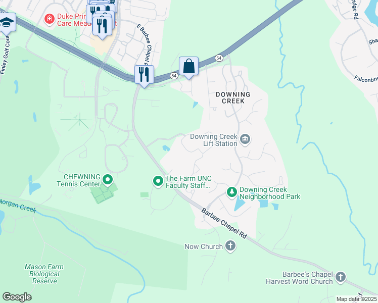 map of restaurants, bars, coffee shops, grocery stores, and more near Spring Meadow Drive in Chapel Hill