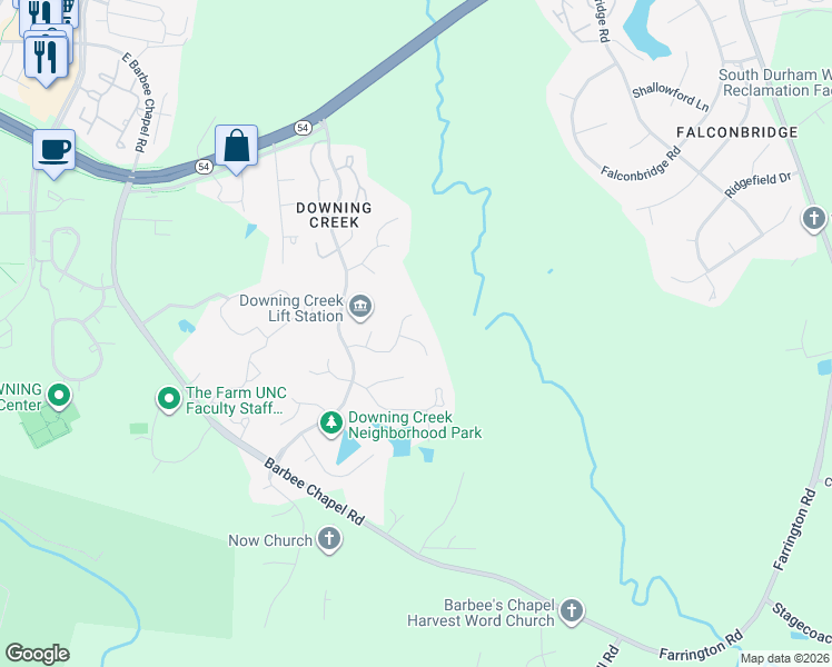map of restaurants, bars, coffee shops, grocery stores, and more near 1243 Falmouth Court in Chapel Hill
