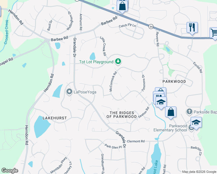 map of restaurants, bars, coffee shops, grocery stores, and more near 5315 McCormick Road in Durham