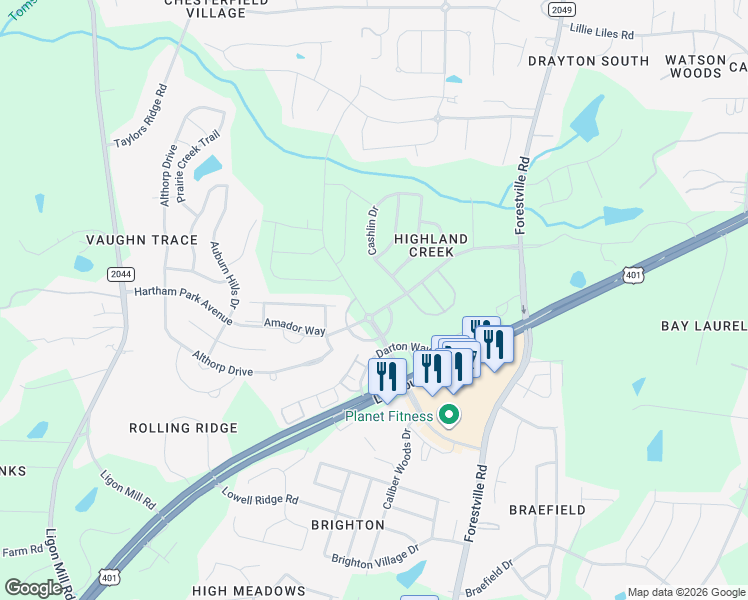map of restaurants, bars, coffee shops, grocery stores, and more near 8507 Hartham Park Avenue in Raleigh