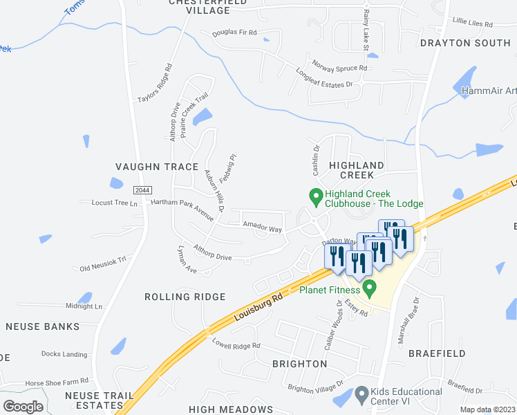 map of restaurants, bars, coffee shops, grocery stores, and more near 8223 Yaxley Hall Drive in Raleigh