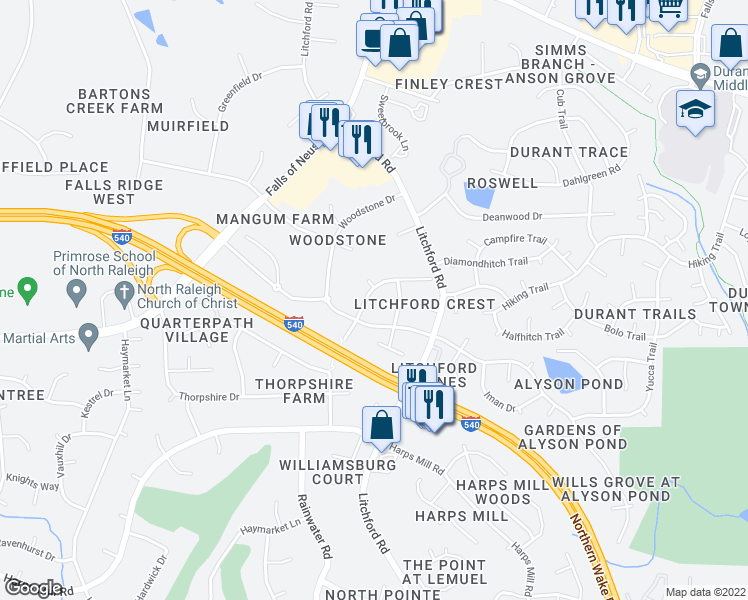 map of restaurants, bars, coffee shops, grocery stores, and more near 8812 Colesbury Drive in Raleigh