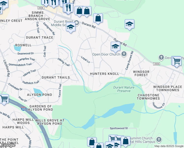 map of restaurants, bars, coffee shops, grocery stores, and more near 8730 Compass Lane in Raleigh