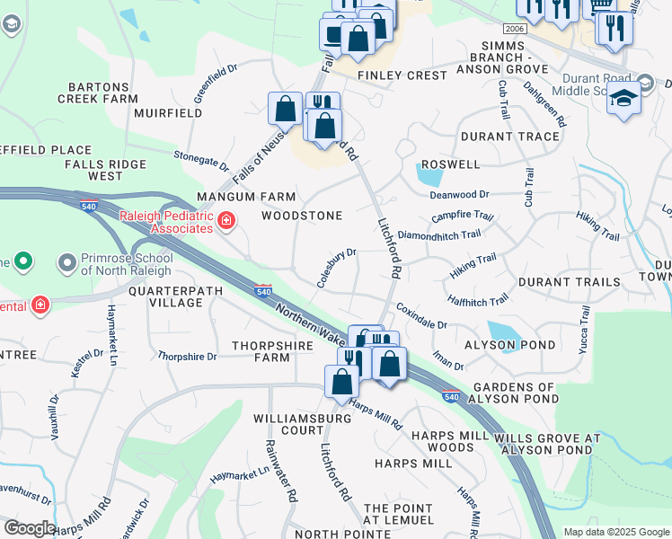 map of restaurants, bars, coffee shops, grocery stores, and more near 8812 Colesbury Drive in Raleigh