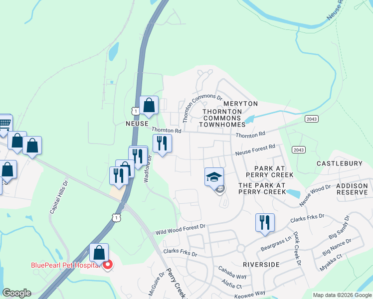 map of restaurants, bars, coffee shops, grocery stores, and more near 8704 Red Canyon Way in Raleigh
