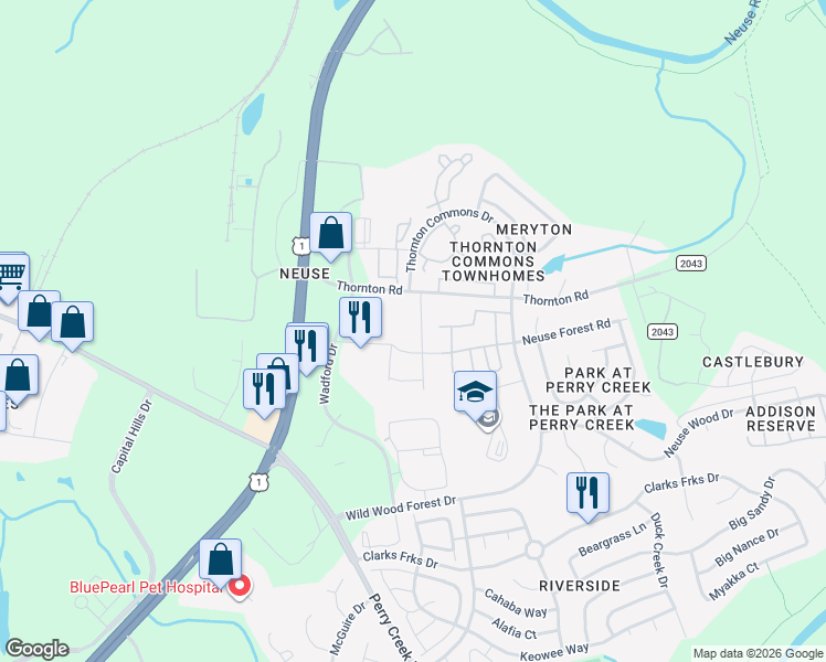 map of restaurants, bars, coffee shops, grocery stores, and more near 8704 Red Canyon Way in Raleigh