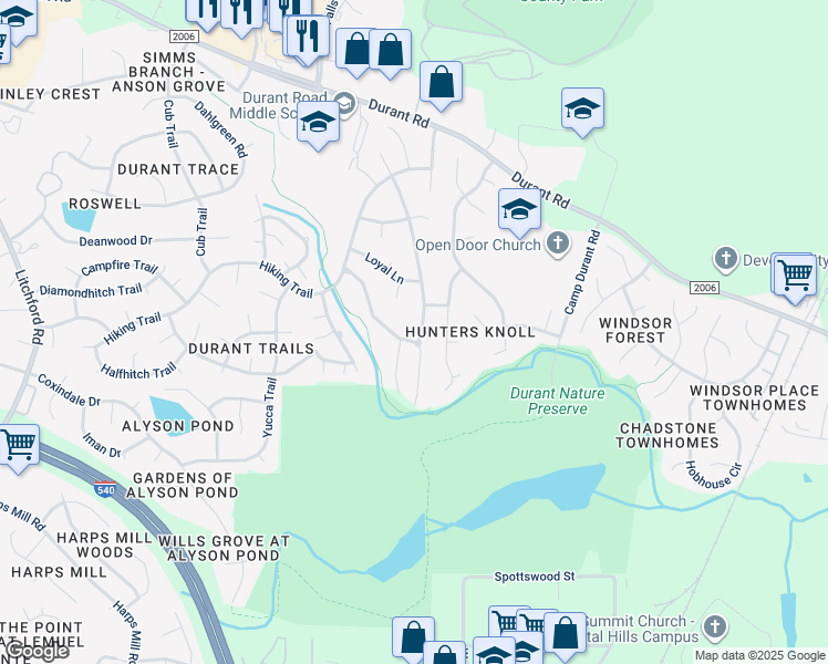map of restaurants, bars, coffee shops, grocery stores, and more near 8730 Compass Lane in Raleigh