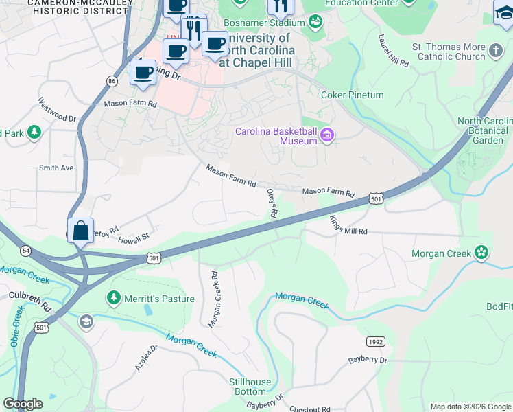 map of restaurants, bars, coffee shops, grocery stores, and more near 413 Gooseneck Road in Chapel Hill
