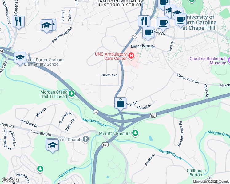 map of restaurants, bars, coffee shops, grocery stores, and more near 1010 South Columbia Street in Chapel Hill