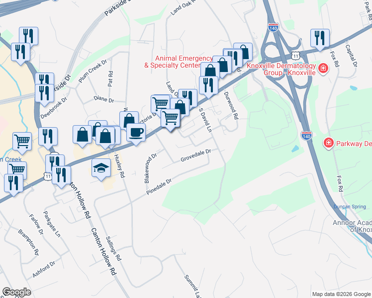 map of restaurants, bars, coffee shops, grocery stores, and more near 10429 Grovedale Drive in Knoxville