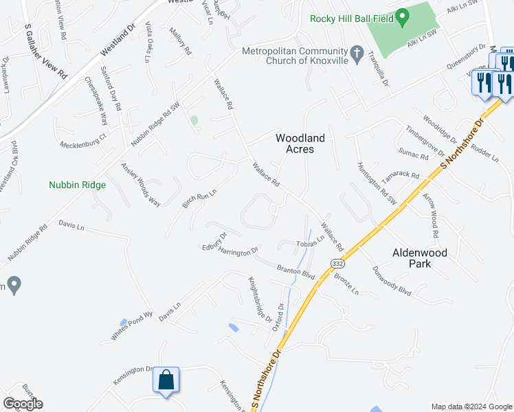 map of restaurants, bars, coffee shops, grocery stores, and more near 1205 Wallace Road in Knoxville