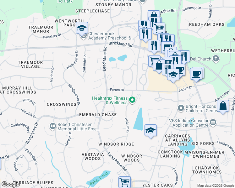 map of restaurants, bars, coffee shops, grocery stores, and more near 8313 Leyburn Court in Raleigh
