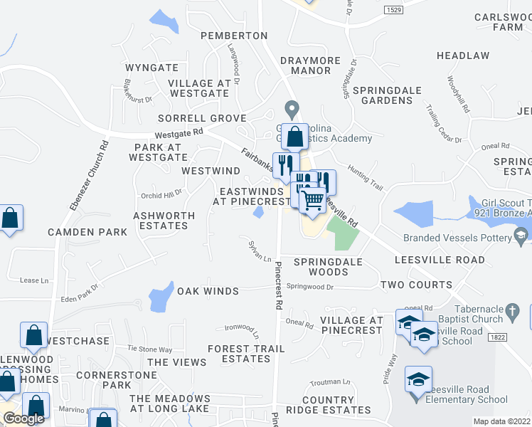 map of restaurants, bars, coffee shops, grocery stores, and more near 8301 Trumpetor Way in Raleigh