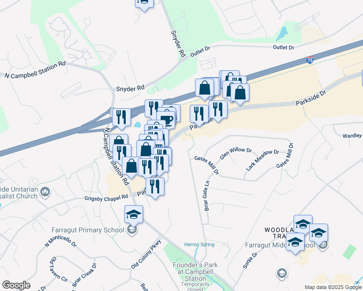 map of restaurants, bars, coffee shops, grocery stores, and more near 11534 Parkside Drive in Farragut