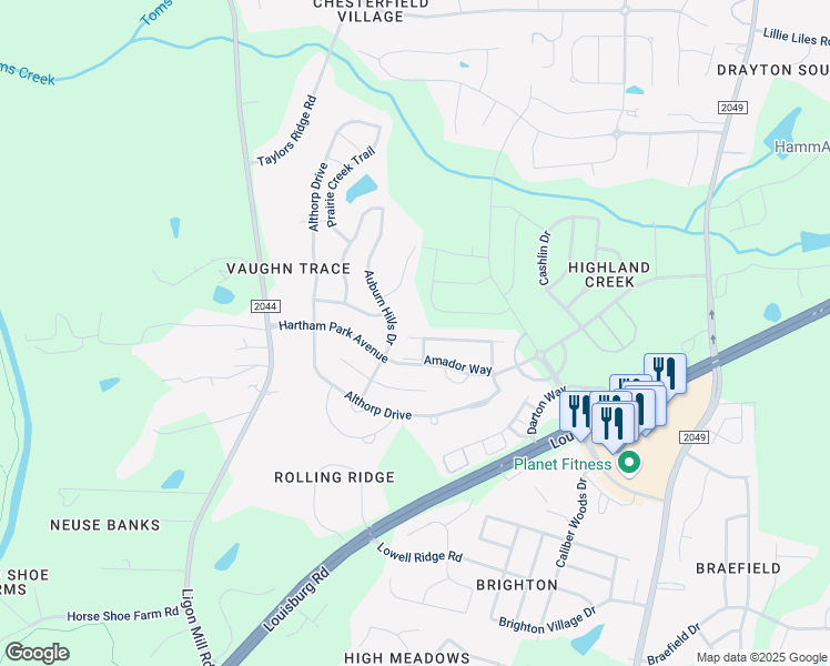 map of restaurants, bars, coffee shops, grocery stores, and more near 8107 Yaxley Hall Drive in Raleigh