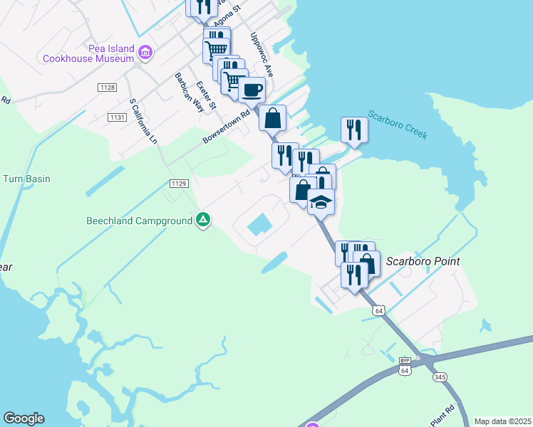 map of restaurants, bars, coffee shops, grocery stores, and more near 609 Inland Drive in Manteo