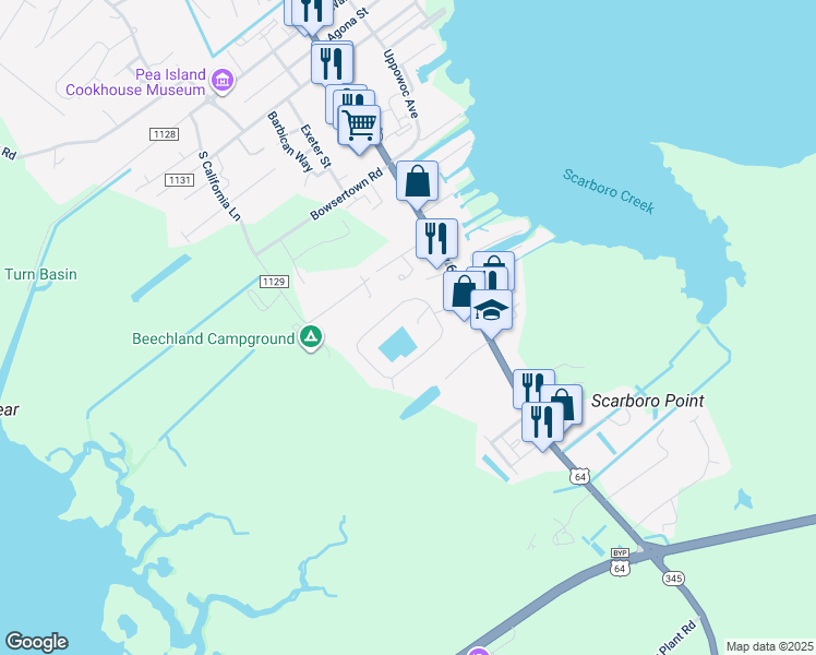 map of restaurants, bars, coffee shops, grocery stores, and more near 609 Inland Drive in Manteo