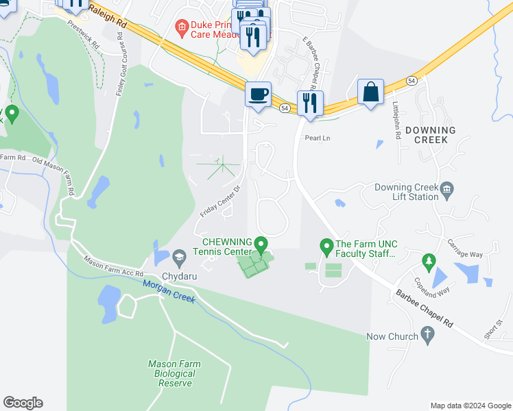 map of restaurants, bars, coffee shops, grocery stores, and more near 251 Summerwalk Circle in Chapel Hill