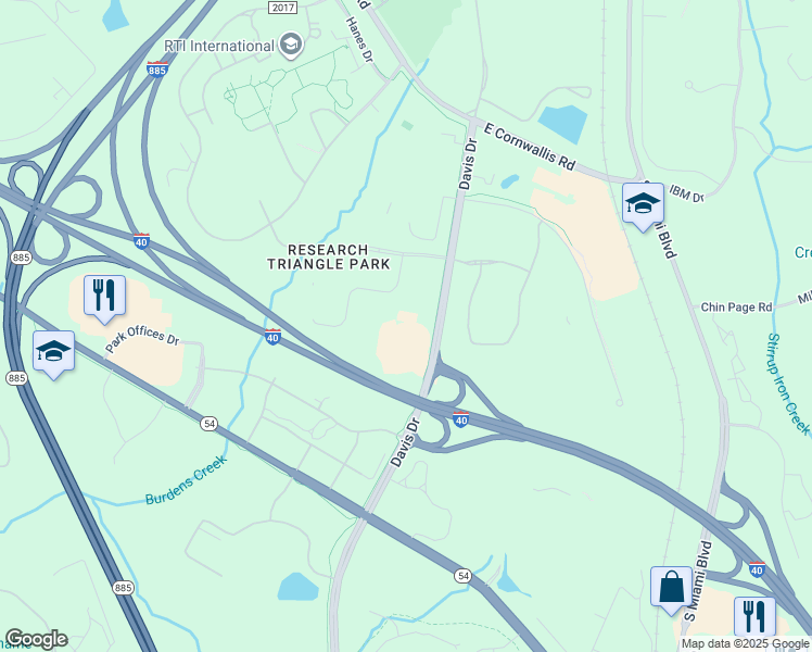 map of restaurants, bars, coffee shops, grocery stores, and more near 12 Davis Drive in Durham