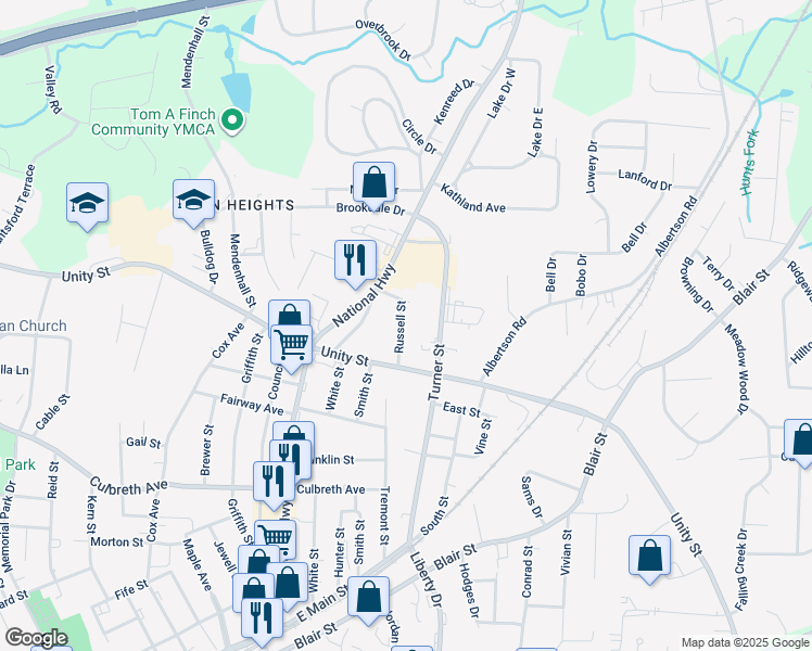 map of restaurants, bars, coffee shops, grocery stores, and more near 615 Russell Street in Thomasville