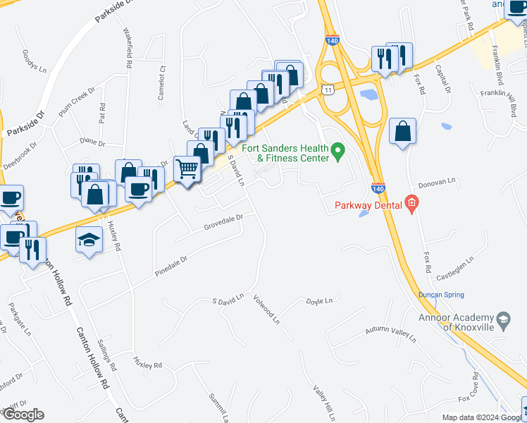 map of restaurants, bars, coffee shops, grocery stores, and more near 300 South David Lane in Knoxville