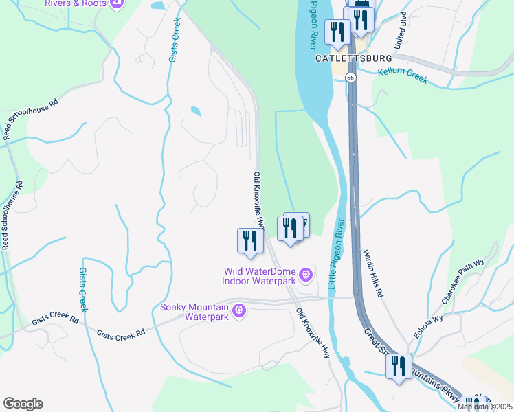 map of restaurants, bars, coffee shops, grocery stores, and more near Old Knoxville Highway in Sevierville