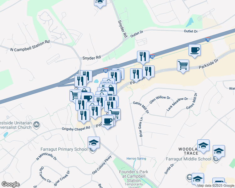 map of restaurants, bars, coffee shops, grocery stores, and more near 11534 Parkside Drive in Farragut