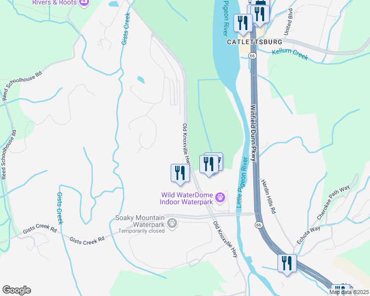 map of restaurants, bars, coffee shops, grocery stores, and more near Old Knoxville Highway in Sevierville