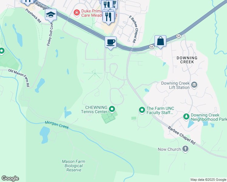 map of restaurants, bars, coffee shops, grocery stores, and more near 170 Summerwalk Circle in Chapel Hill