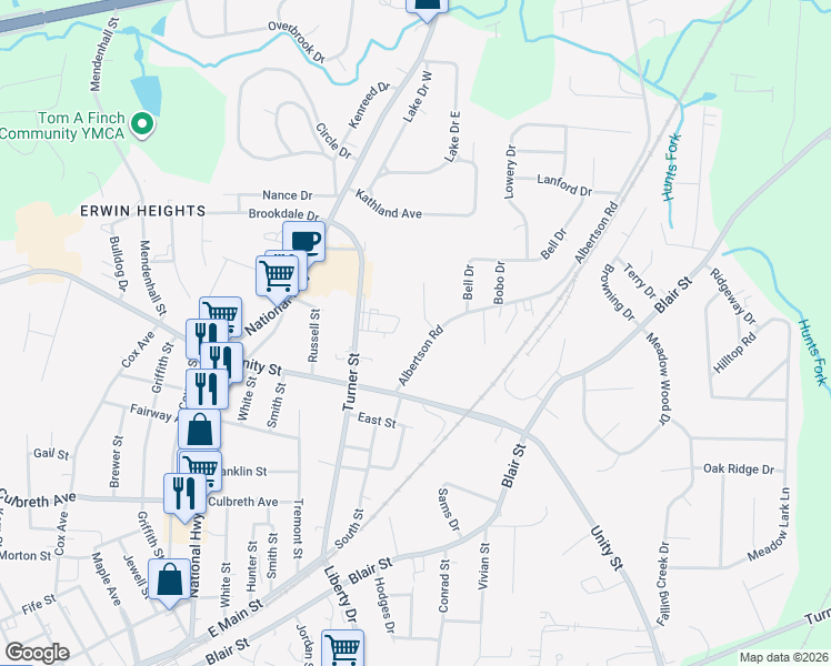 map of restaurants, bars, coffee shops, grocery stores, and more near 115 Albertson Road in Thomasville