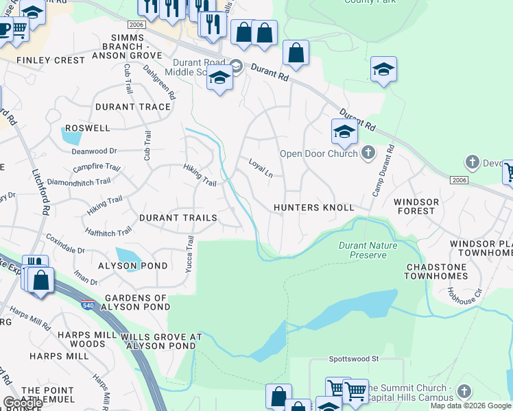 map of restaurants, bars, coffee shops, grocery stores, and more near 8520 Clivedon Drive in Raleigh