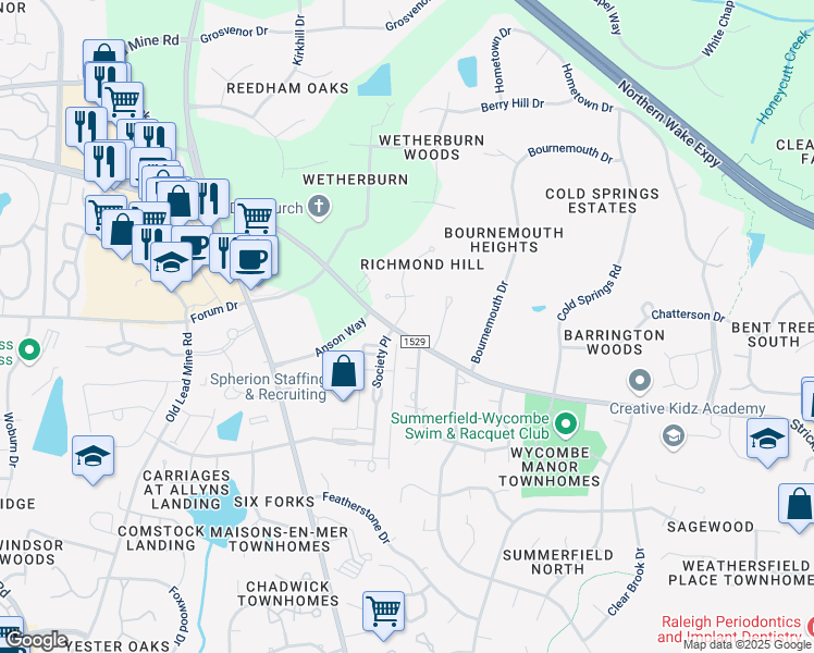 map of restaurants, bars, coffee shops, grocery stores, and more near 8612 Society Place in Raleigh