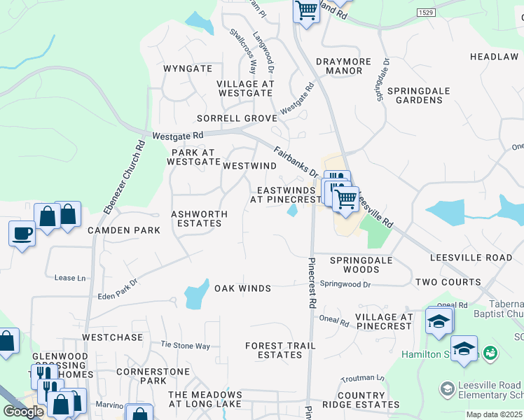 map of restaurants, bars, coffee shops, grocery stores, and more near 9401 Floral Ridge Court in Raleigh