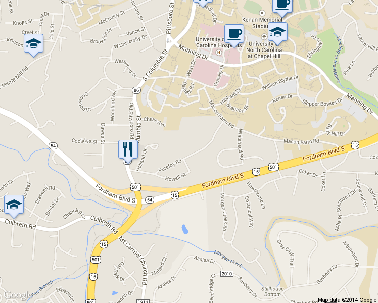 map of restaurants, bars, coffee shops, grocery stores, and more near 131 Purefoy Road in Chapel Hill