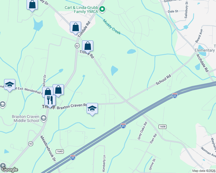 map of restaurants, bars, coffee shops, grocery stores, and more near 5386 Braxton Craven Road in Trinity