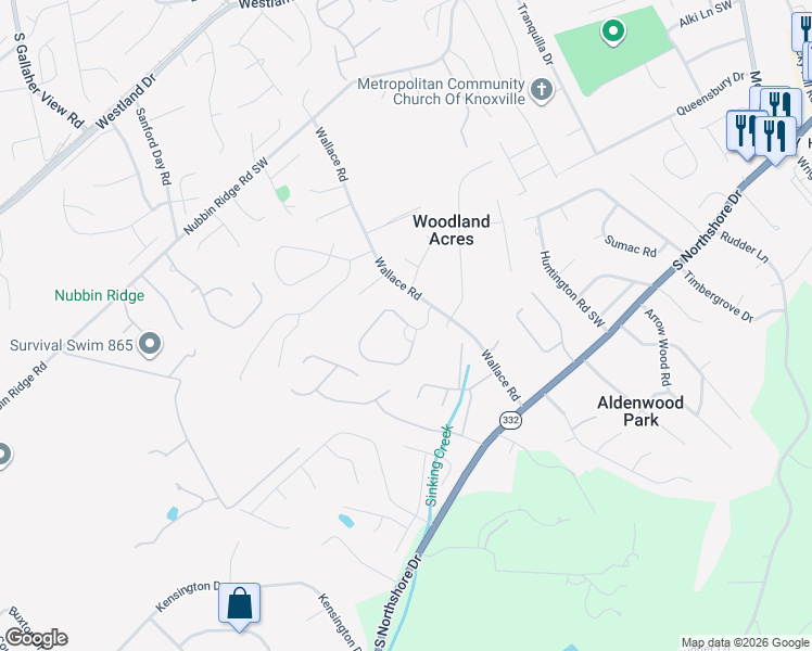 map of restaurants, bars, coffee shops, grocery stores, and more near 1227 Wallace Road in Knoxville