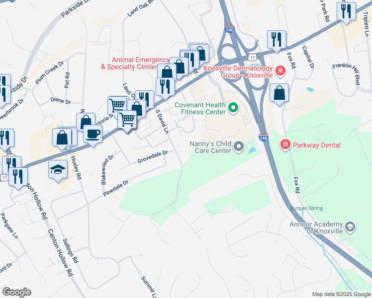 map of restaurants, bars, coffee shops, grocery stores, and more near 306 South David Lane in Knoxville