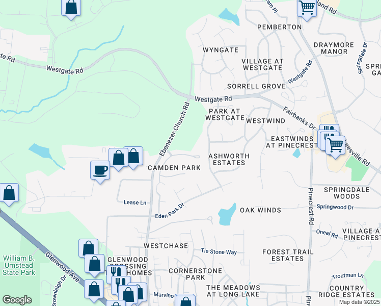 map of restaurants, bars, coffee shops, grocery stores, and more near 8951 Camden Park Drive in Raleigh