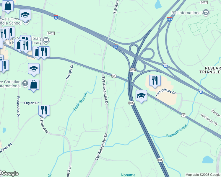 map of restaurants, bars, coffee shops, grocery stores, and more near 99 T W Alexander Drive in Durham
