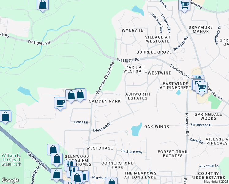map of restaurants, bars, coffee shops, grocery stores, and more near 8951 Camden Park Drive in Raleigh