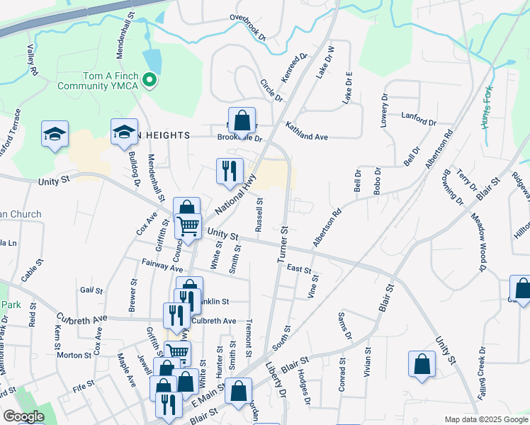 map of restaurants, bars, coffee shops, grocery stores, and more near 615 Russell Street in Thomasville