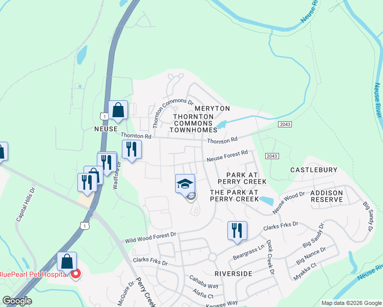 map of restaurants, bars, coffee shops, grocery stores, and more near 8715 Winding River Way in Raleigh