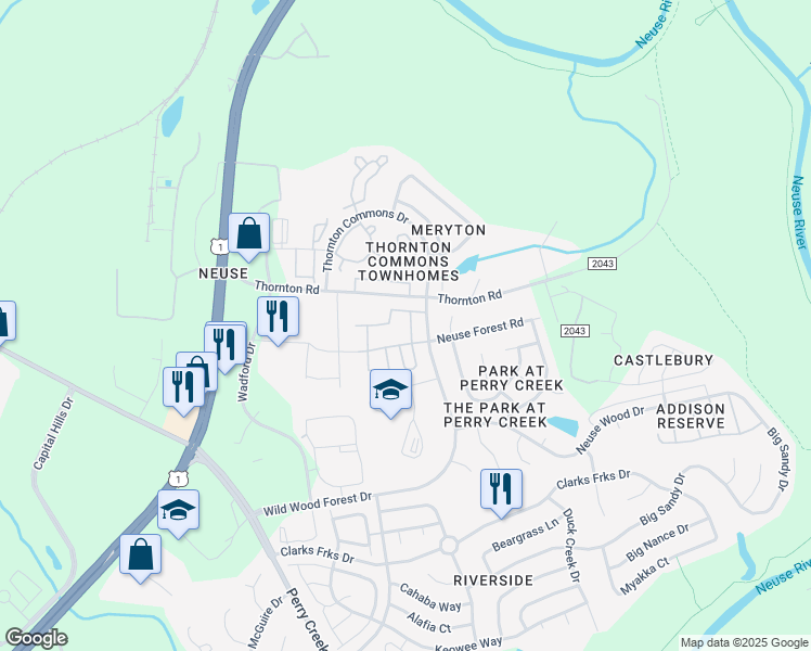 map of restaurants, bars, coffee shops, grocery stores, and more near 8715 Winding River Way in Raleigh