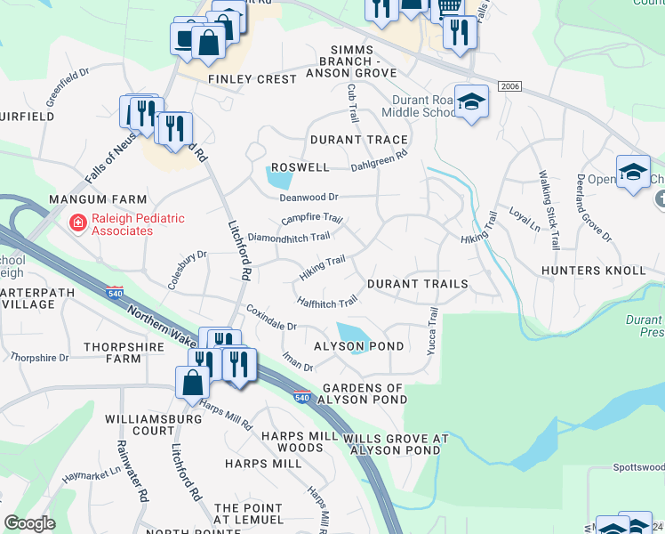 map of restaurants, bars, coffee shops, grocery stores, and more near 2616 Hiking Trail in Raleigh