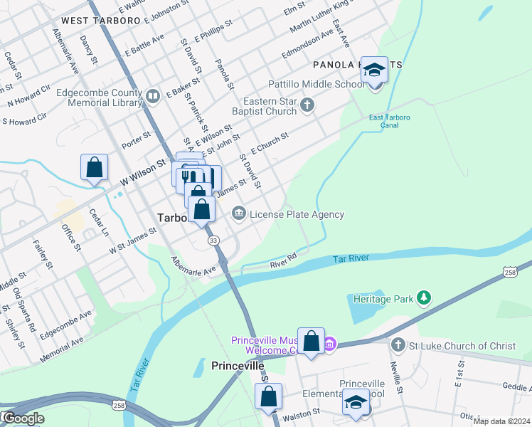 map of restaurants, bars, coffee shops, grocery stores, and more near 310 East Granville Street in Tarboro