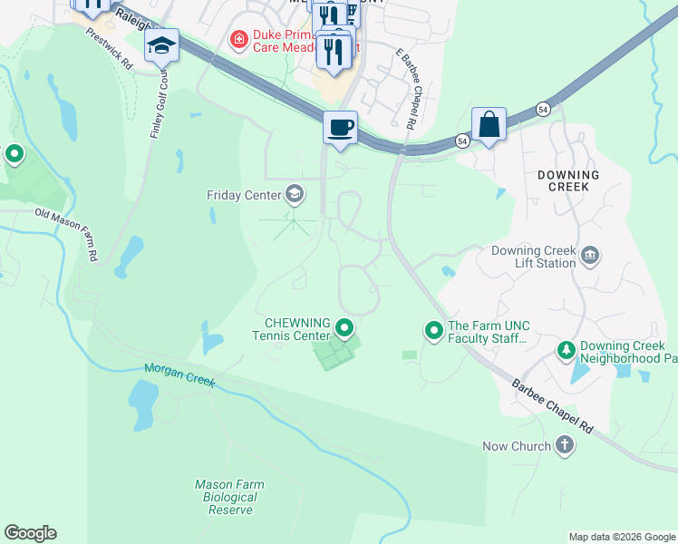 map of restaurants, bars, coffee shops, grocery stores, and more near 225 Summerwalk Circle in Chapel Hill
