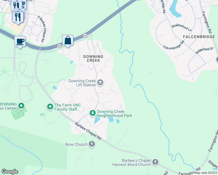 map of restaurants, bars, coffee shops, grocery stores, and more near 1917 Bearkling Place in Chapel Hill